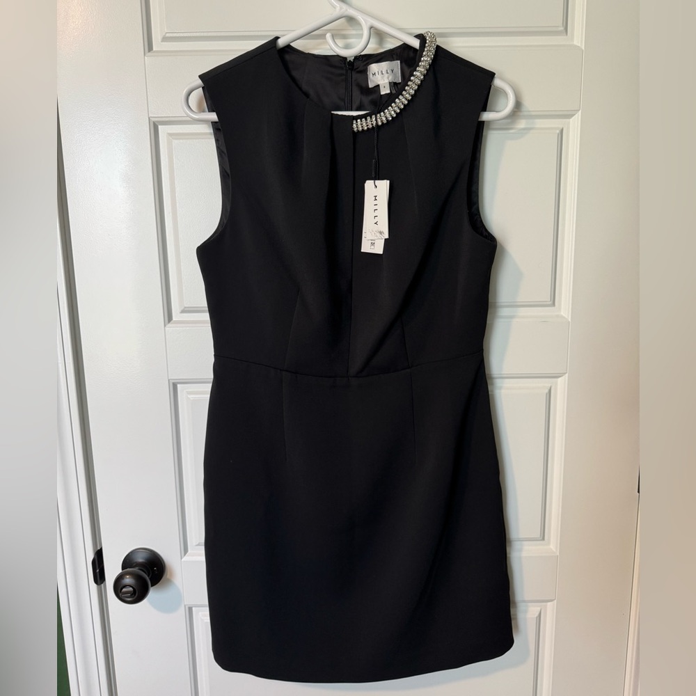 NWT Milly Nyra Crepe Crystal Embellished Little Black Dress, Size 8